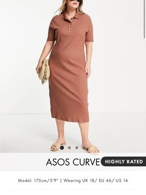 ASOS Curve Polo Ribbed Midi Dress in Rust Brown